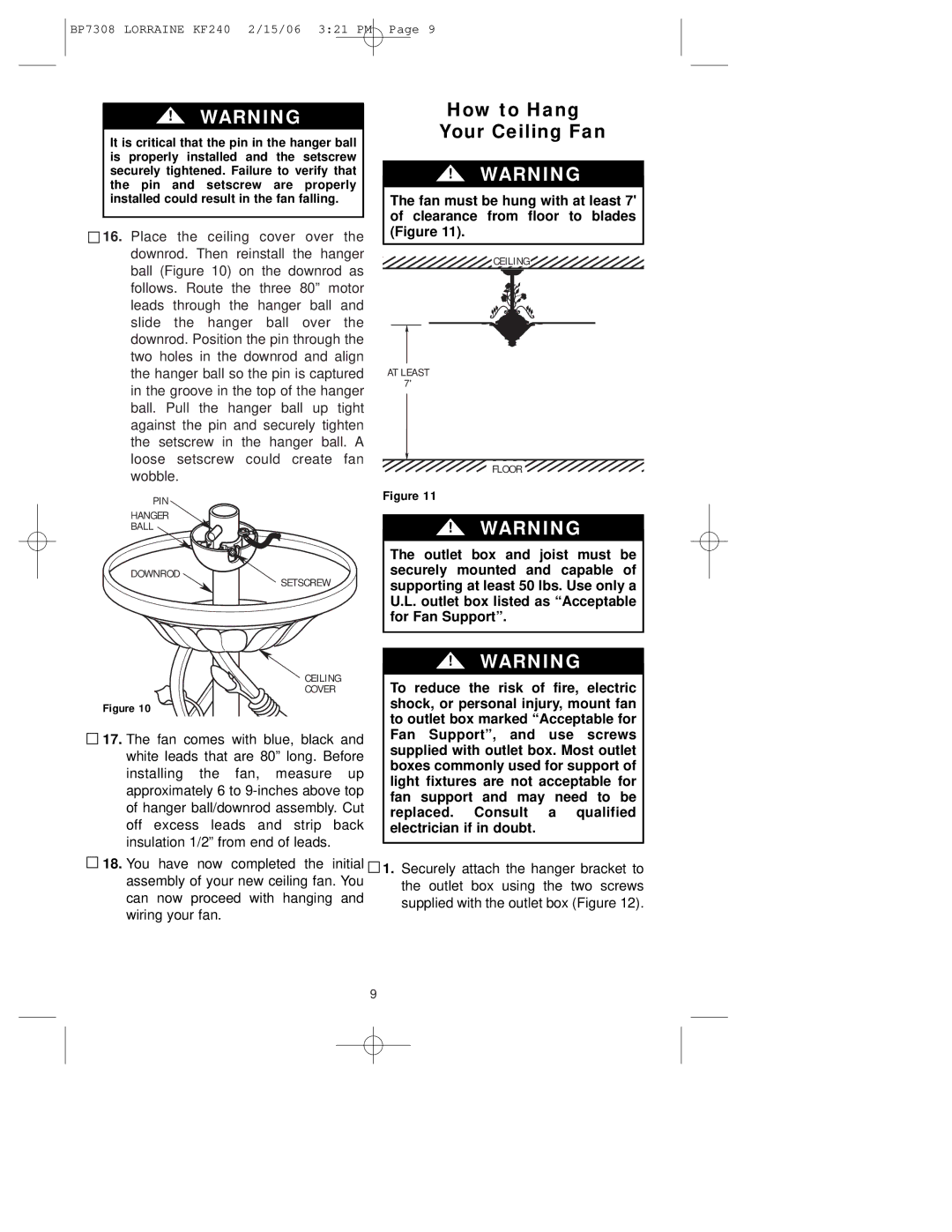 Emerson KF240PRZ00 owner manual How to Hang Your Ceiling Fan 