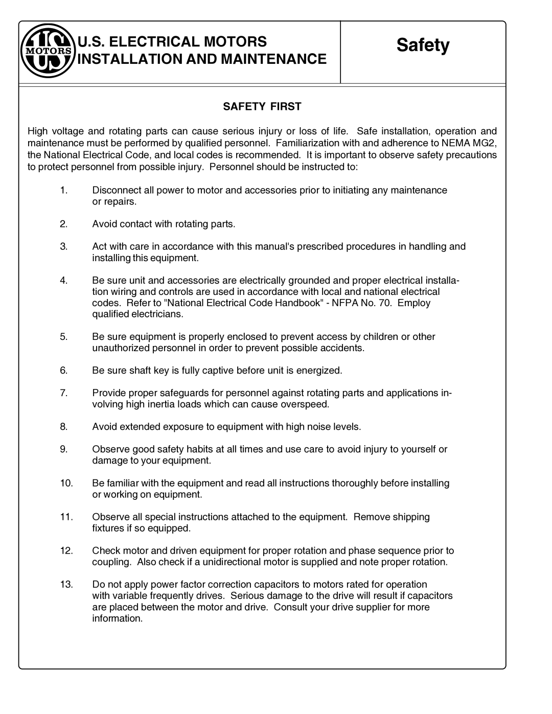 Emerson 986269, LARGE AC ELECTRIC MOTORS manual Safety First 