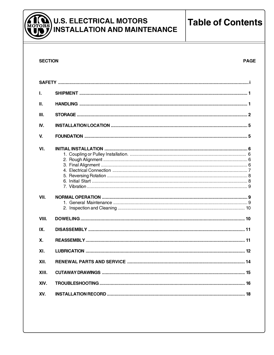 Emerson LARGE AC ELECTRIC MOTORS, 986269 manual Table of Contents 