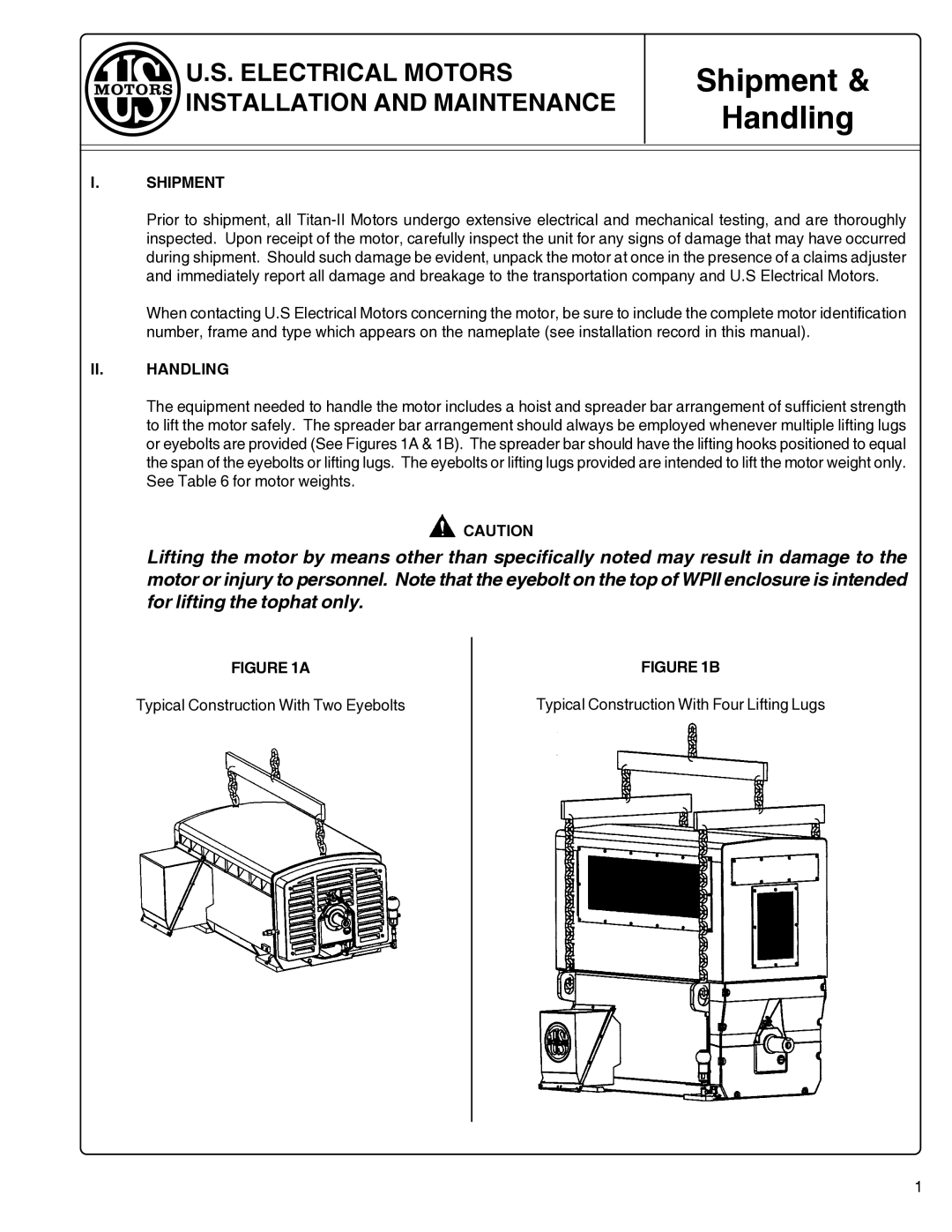Emerson LARGE AC ELECTRIC MOTORS, 986269 manual Shipment, II. Handling 
