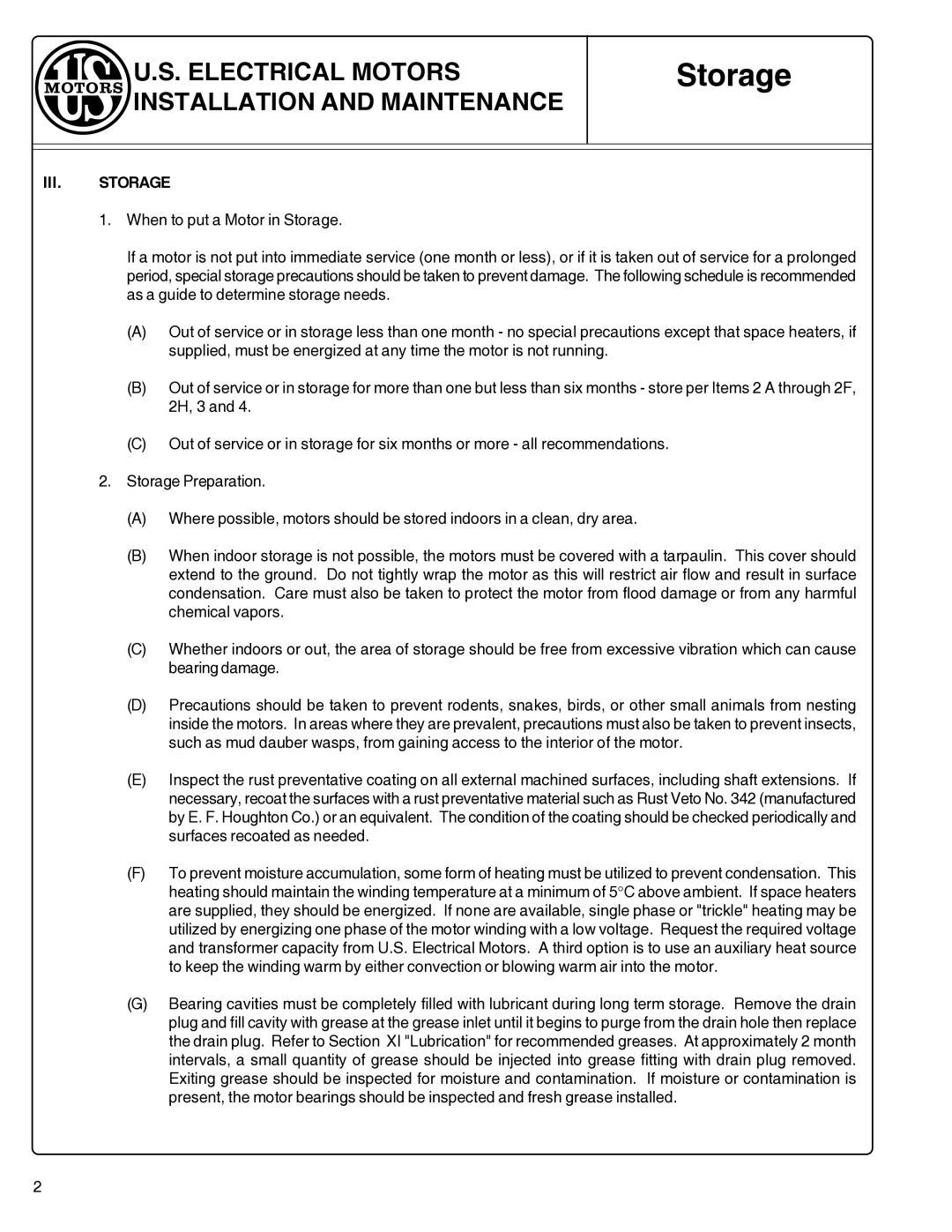 Emerson 986269, LARGE AC ELECTRIC MOTORS manual III. Storage 