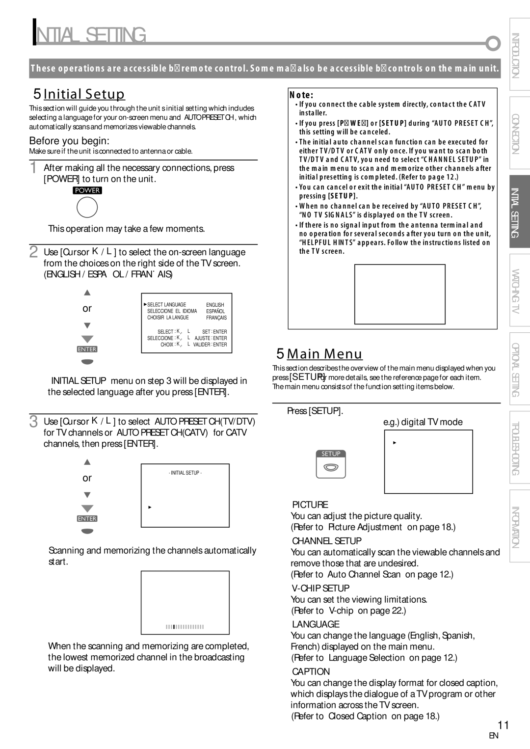 Emerson LC195EM82 owner manual Initial Setting, 5Initial Setup, 5Main Menu 