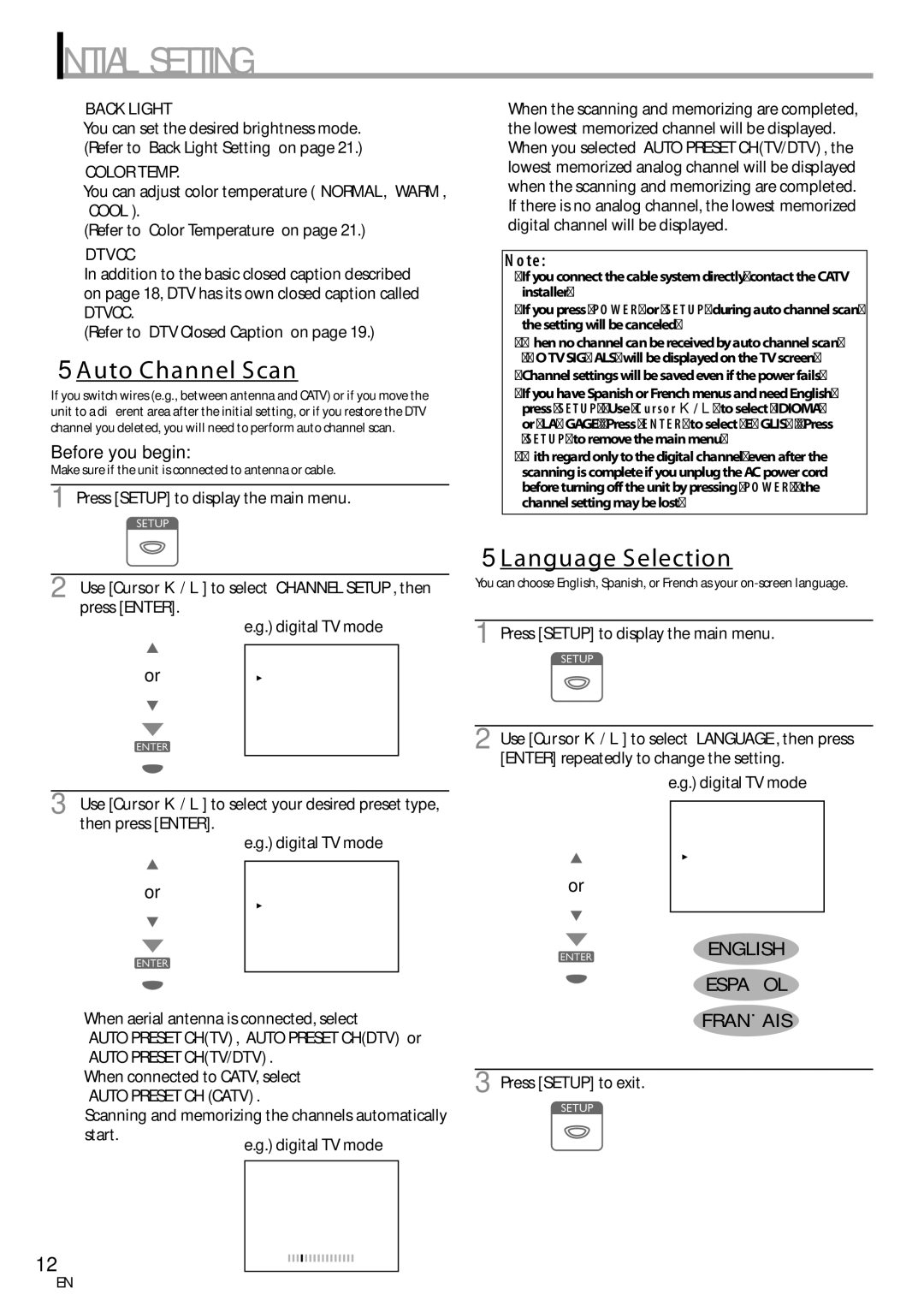 Emerson LC195EM82 owner manual 5Auto Channel Scan, 5Language Selection, Back Light, Color Temp, Dtvcc 