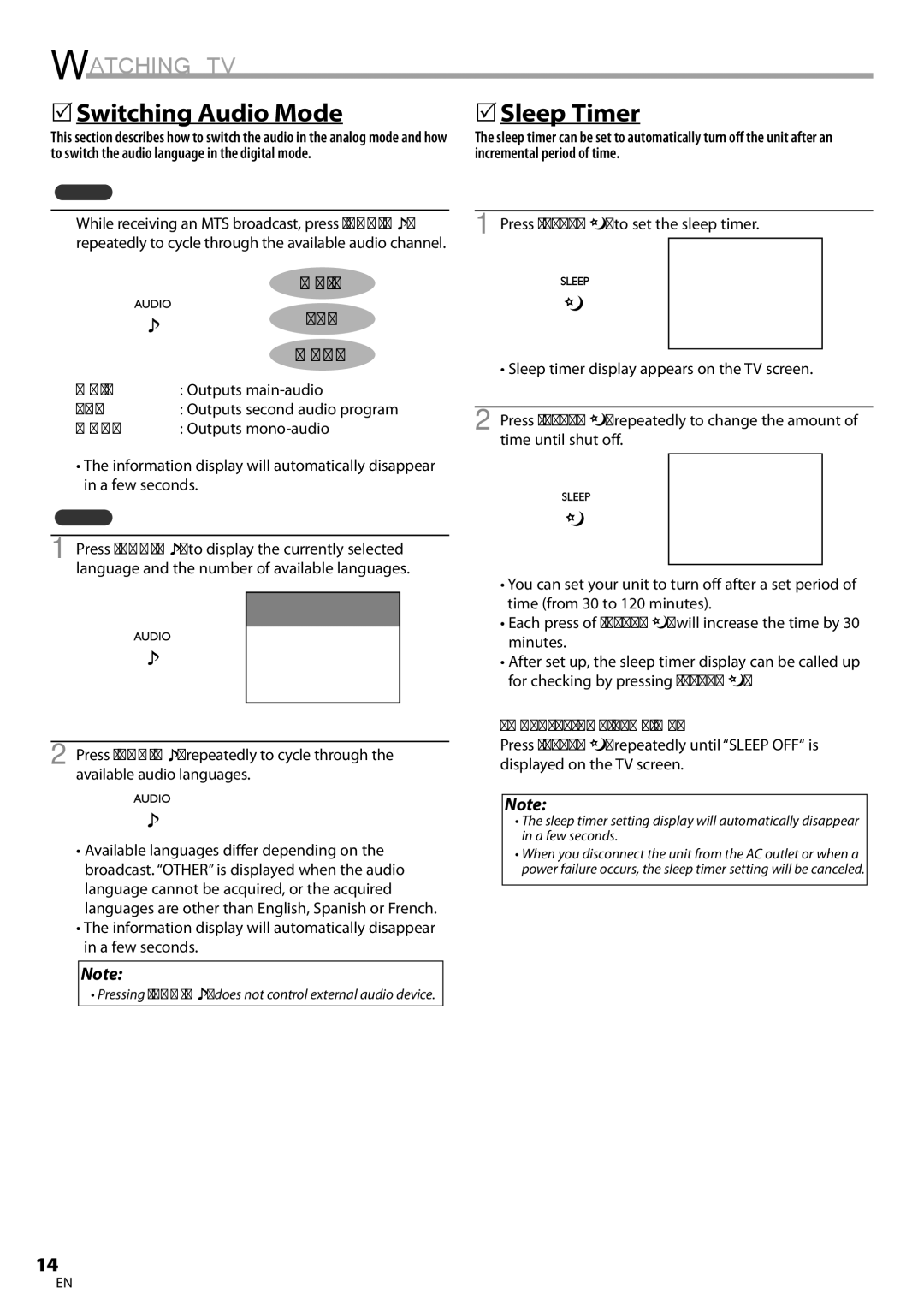 Emerson LC195EM82 owner manual 5Switching Audio Mode, 5Sleep Timer, Main, Sap, Mono 