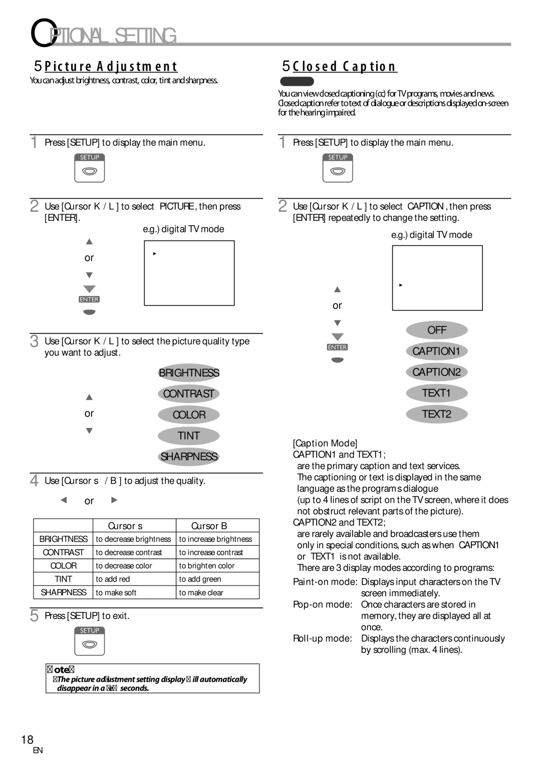 Emerson LC195EM82 owner manual 5Picture Adjustment, 5Closed Caption, Cursor s Cursor B, Caption Mode CAPTION1 and TEXT1 