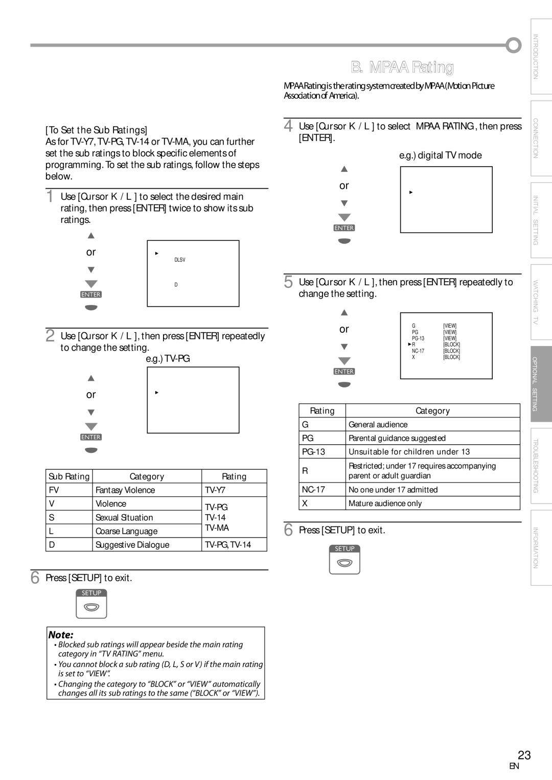 Emerson LC195EM82 owner manual To Set the Sub Ratings, To select Mpaa RATING, then press, Change the setting 