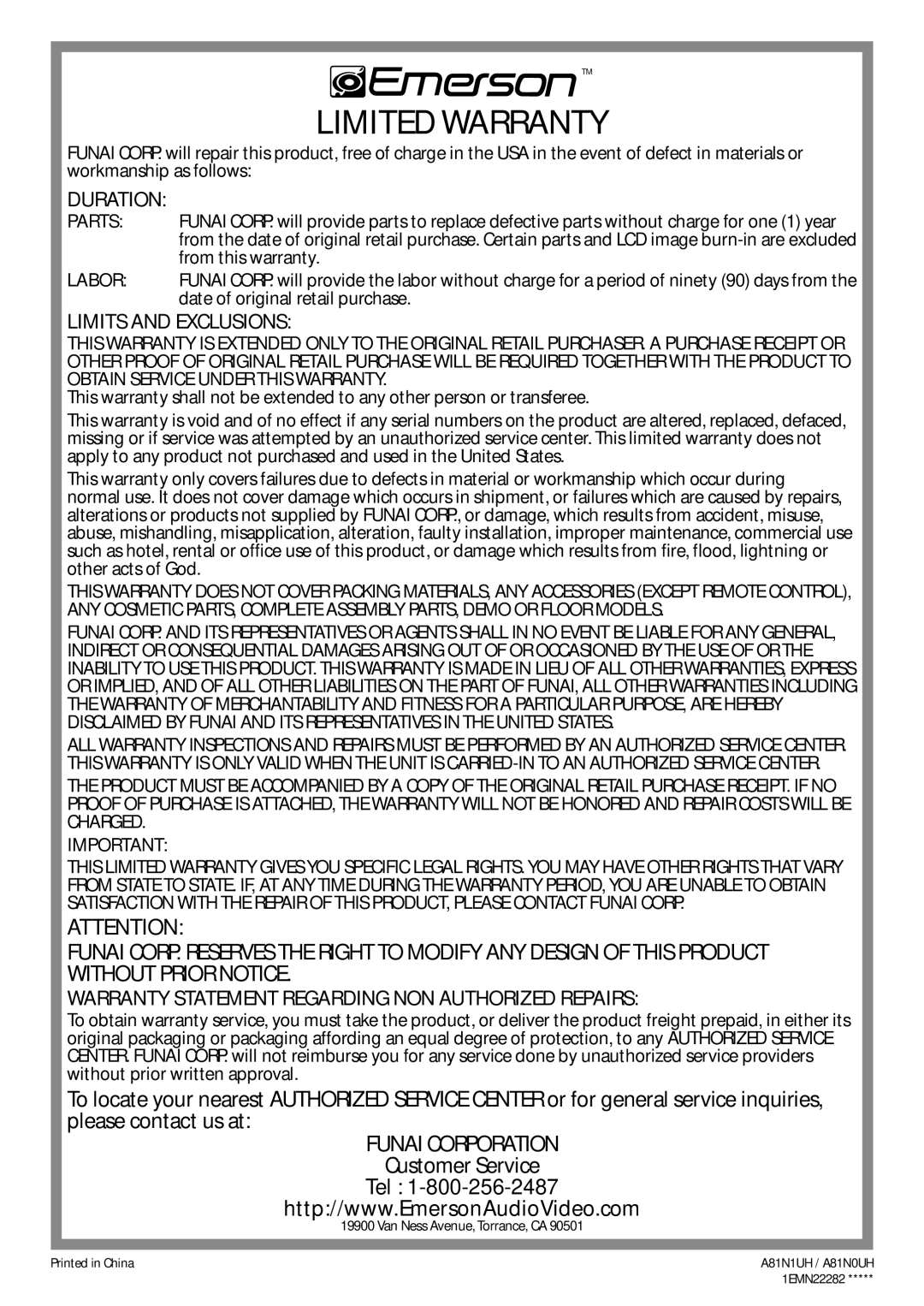 Emerson LC195EM82 owner manual Limited Warranty 