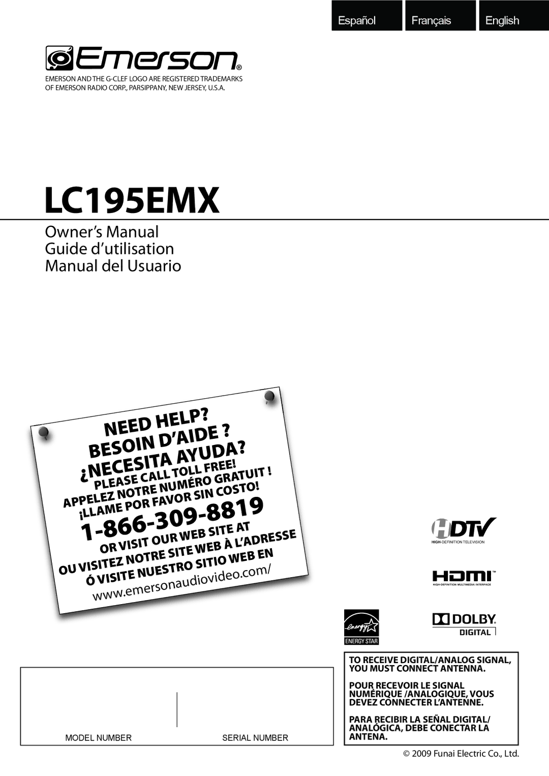 Emerson LC195EMX owner manual YOU Must Connect Antenna, Pour Recevoir LE Signal, Numérique /ANALOGIQUE, Vous, Antena 