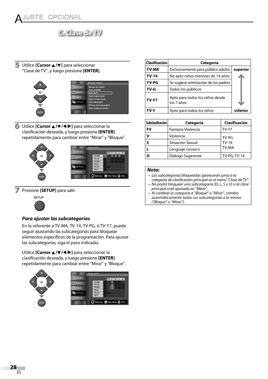 Emerson LC195EMX owner manual Clase de TV, Para ajustar las subcategorías 