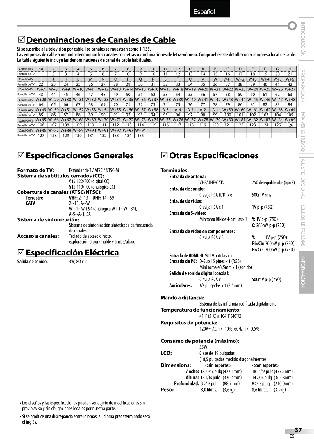 Emerson LC195EMX owner manual 5Denominaciones de Canales de Cable, Especificaciones Generales, 5Especificación Eléctrica 