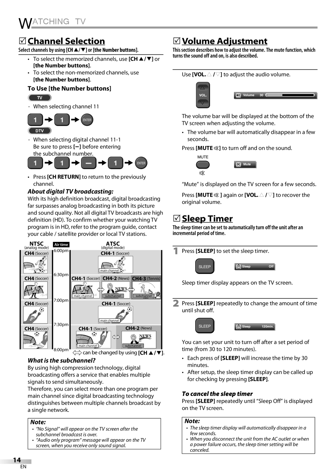 Emerson LC195EMX owner manual Watching TV, 5Channel Selection, 5Volume Adjustment, 5Sleep Timer 