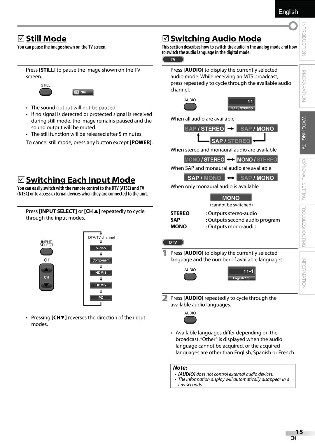 Emerson LC195EMX owner manual 5Still Mode, 5Switching Each Input Mode, 5Switching Audio Mode 