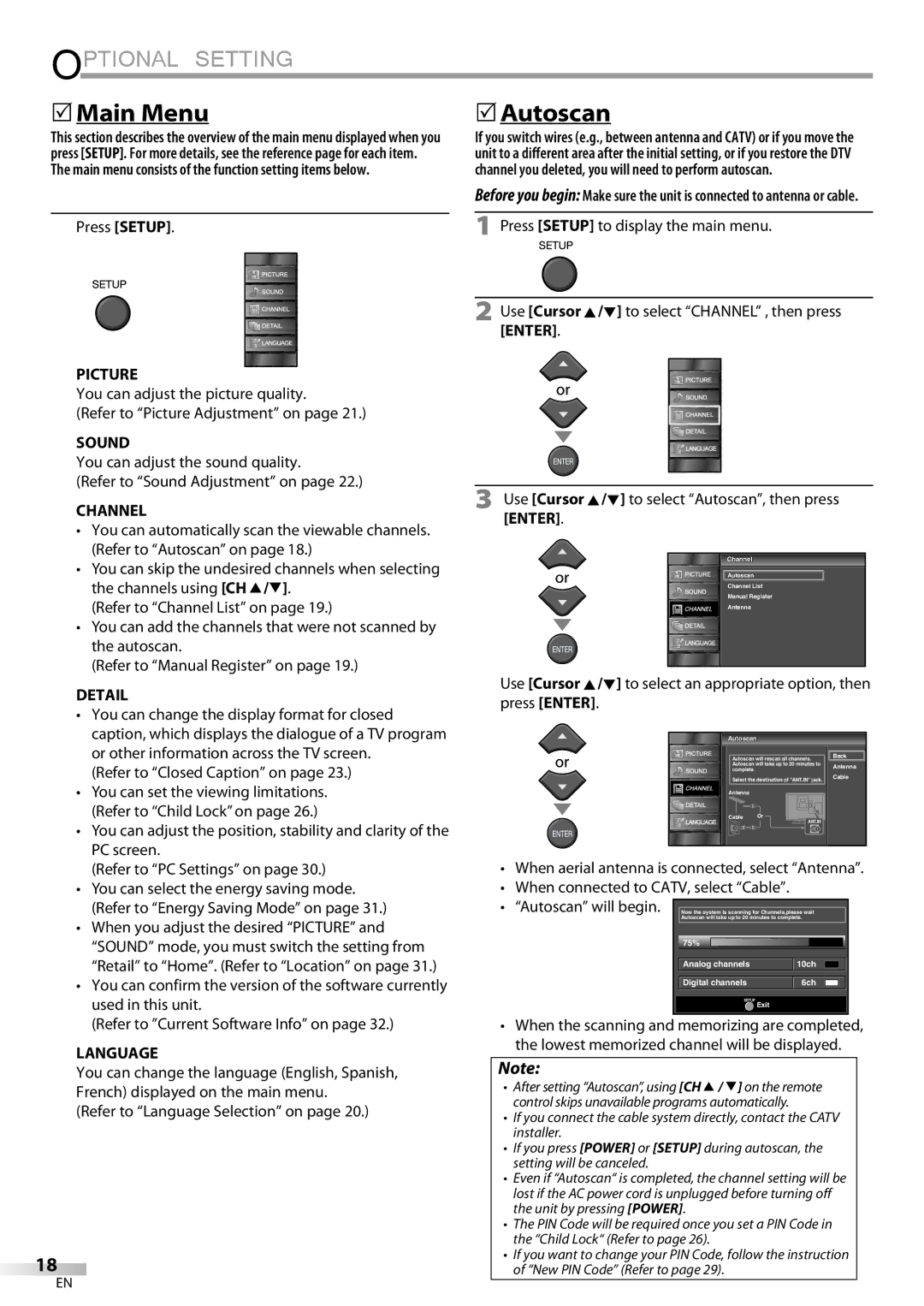 Emerson LC195EMX owner manual Optional Setting, 5Main Menu, Autoscan 