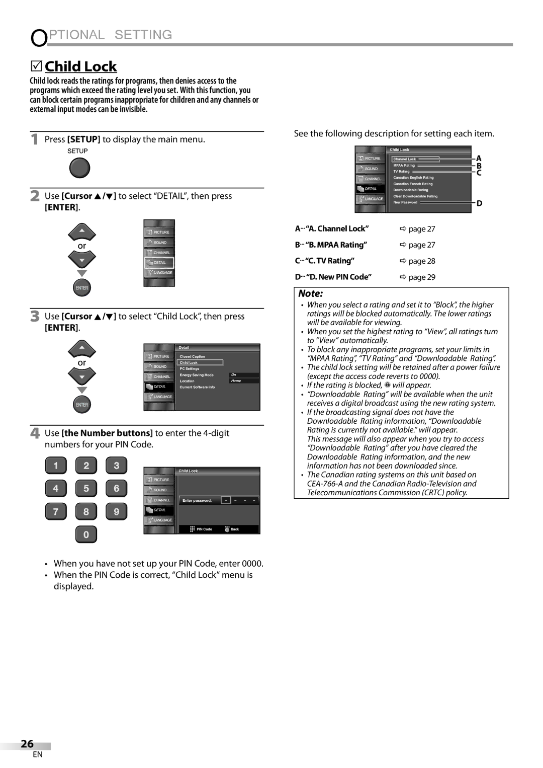 Emerson LC195EMX owner manual 5Child Lock, Use Cursor K/L to select Child Lock, then press Enter 