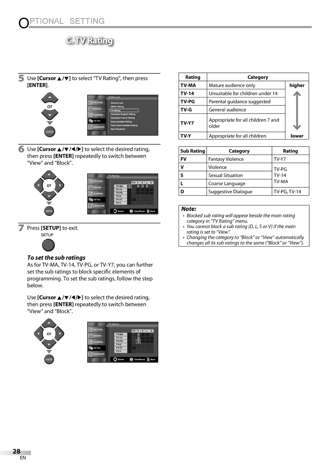 Emerson LC195EMX owner manual To set the sub ratings, Use Cursor K/L to select TV Rating, then press Enter 