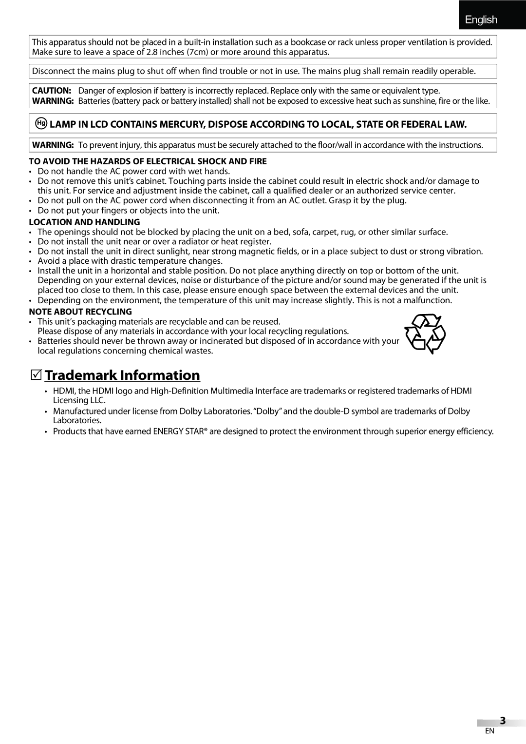 Emerson LC195EMX 5Trademark Information, To Avoid the Hazards of Electrical Shock and Fire, Location and Handling 