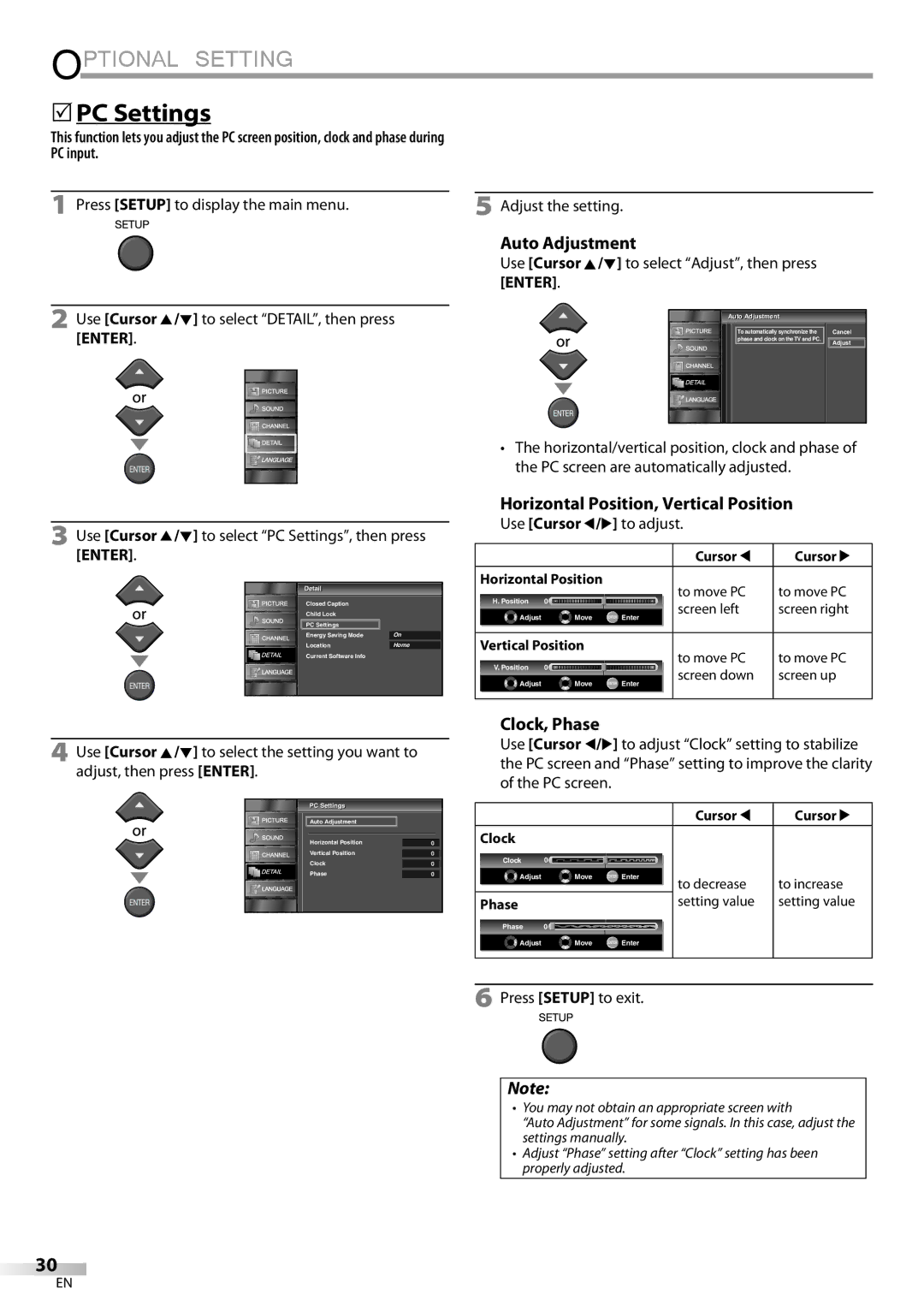 Emerson LC195EMX owner manual 5PC Settings, Auto Adjustment, Horizontal Position, Vertical Position, Clock, Phase 