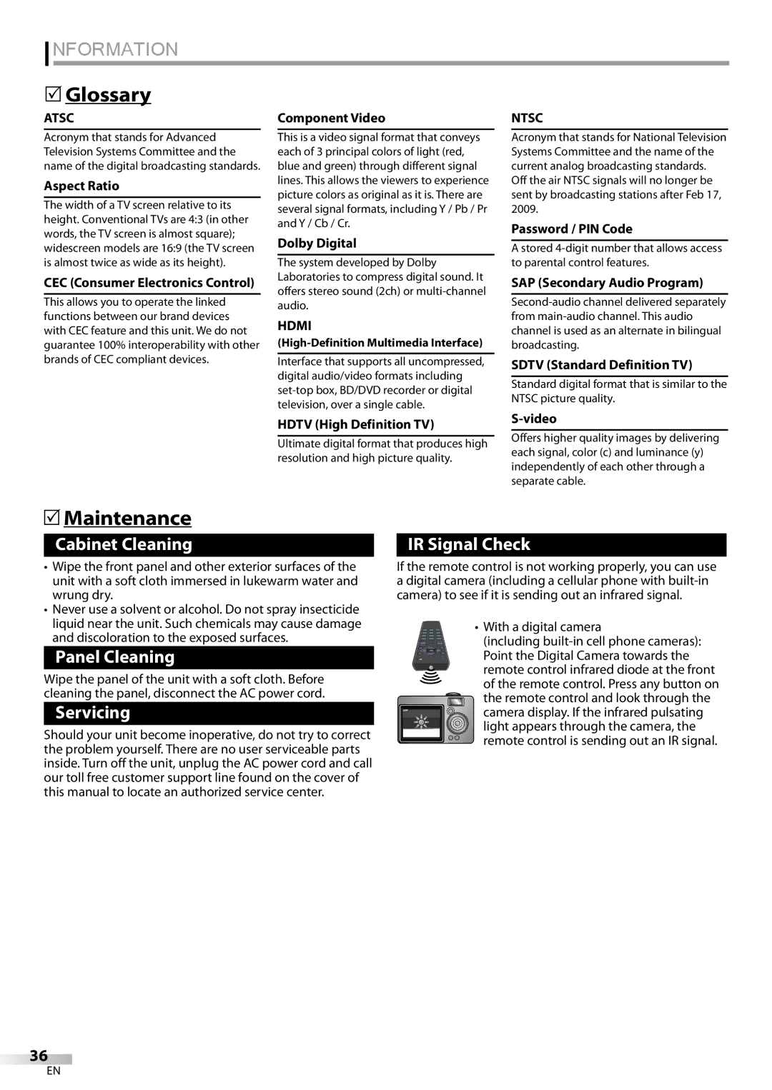 Emerson LC195EMX owner manual Information, Glossary, Maintenance, Hdmi, Ntsc 