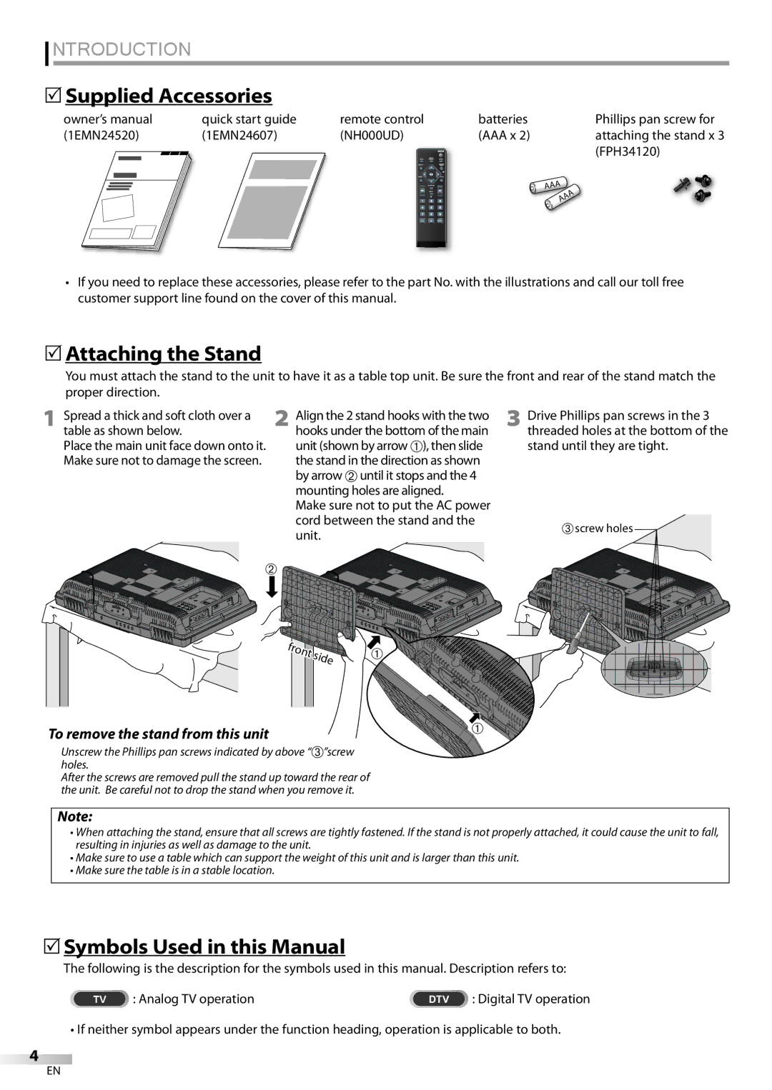 Emerson LC195EMX owner manual Introduction, 5Supplied Accessories, 5Attaching the Stand, 5Symbols Used in this Manual 