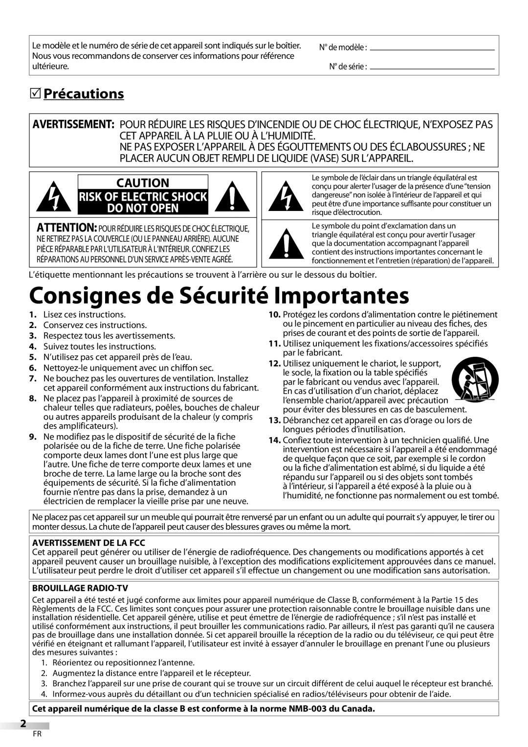 Emerson LC195EMX owner manual Précautions, Ultérieure, Avertissement DE LA FCC, Brouillage RADIO-TV 