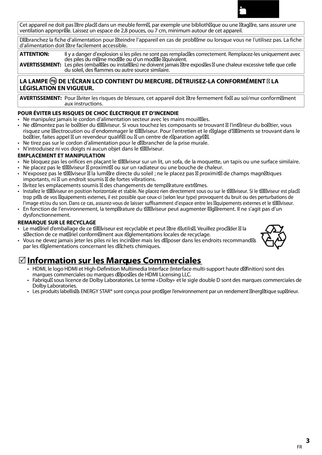 Emerson LC195EMX 5Information sur les Marques Commerciales, Pour Éviter LES Risques DE Choc Électrique ET D’INCENDIE 