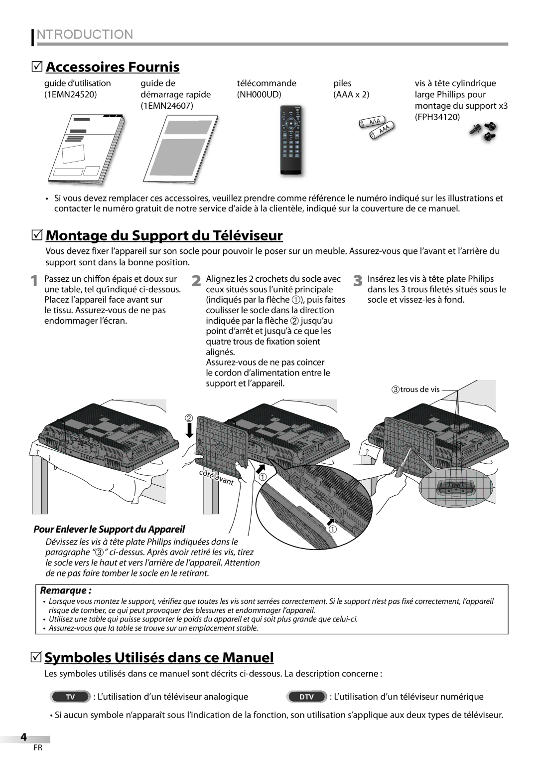 Emerson LC195EMX 5Accessoires Fournis, 5Montage du Support du Téléviseur, 5Symboles Utilisés dans ce Manuel, Remarque 