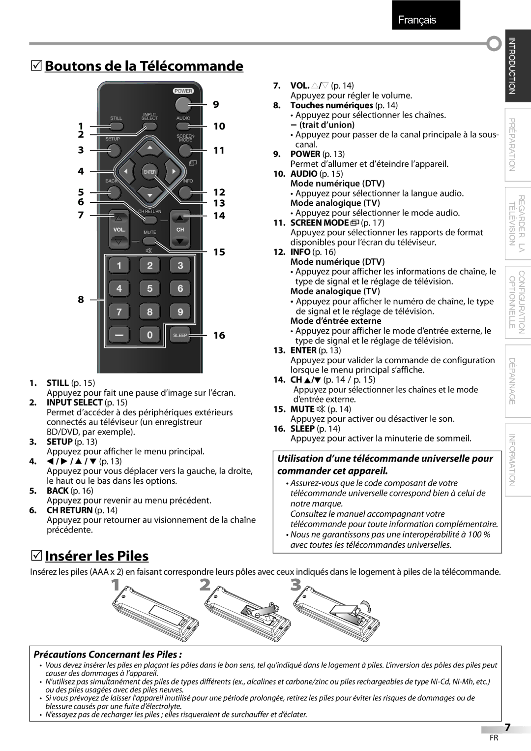 Emerson LC195EMX owner manual 5Boutons de la Télécommande, 5Insérer les Piles, Précautions Concernant les Piles 