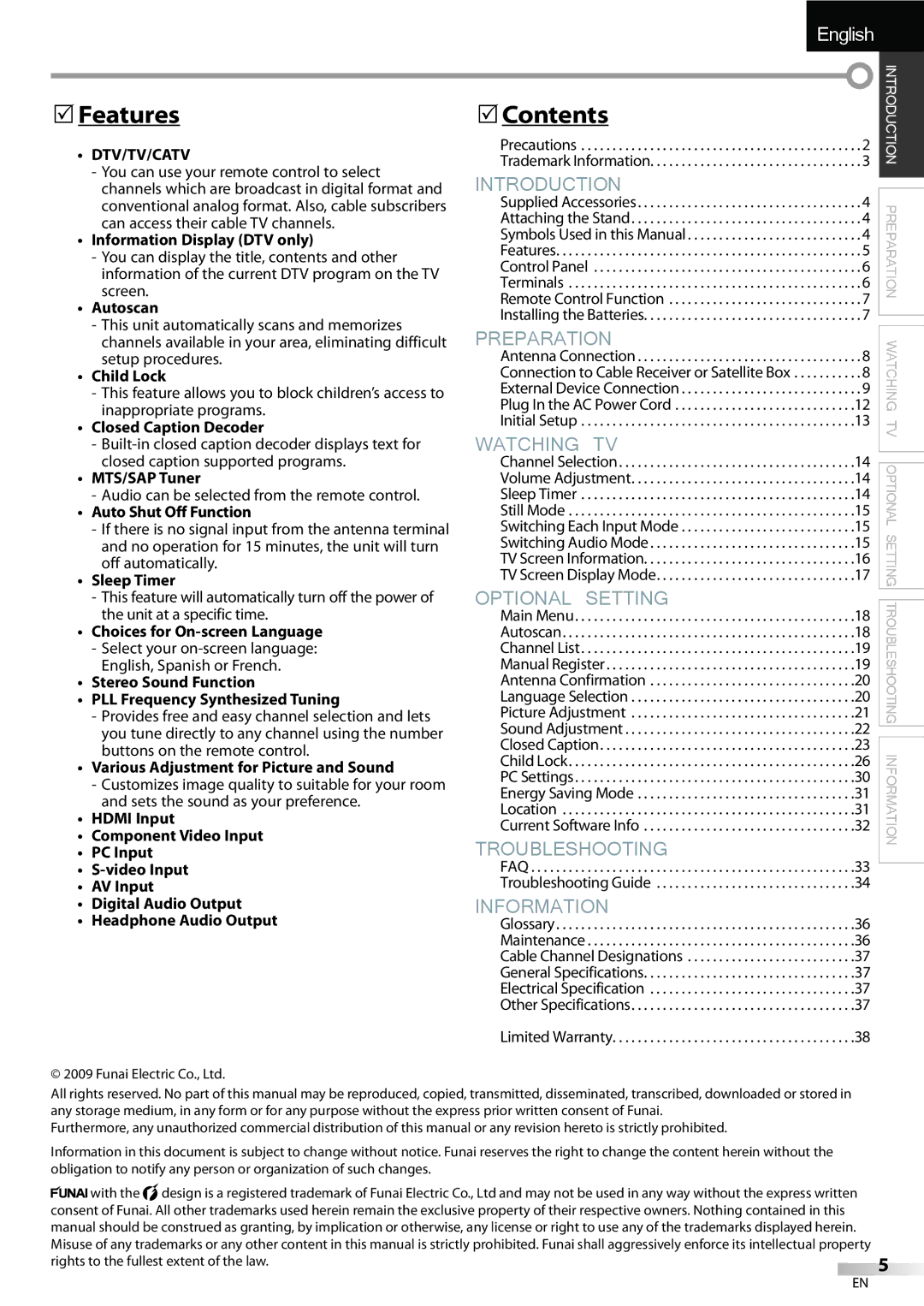 Emerson LC195EMX owner manual Features, Contents, Dtv/Tv/Catv 