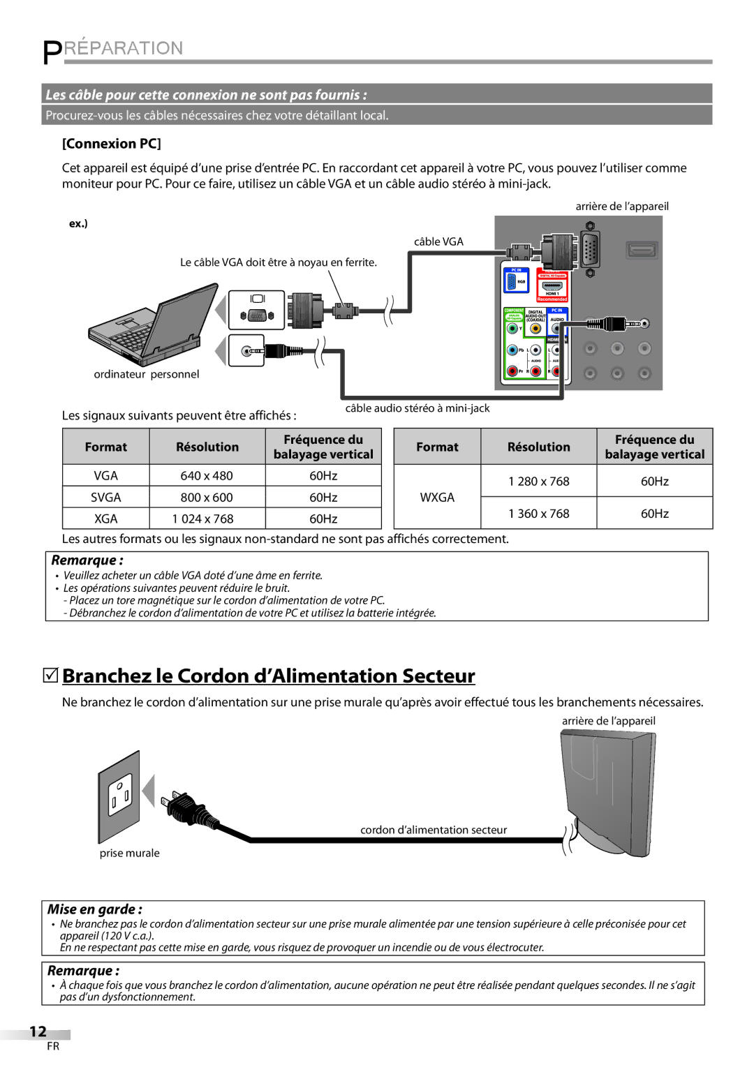 Emerson LC195EMX 5Branchez le Cordon d’Alimentation Secteur, Connexion PC, Mise en garde, Résolution, Balayage vertical 