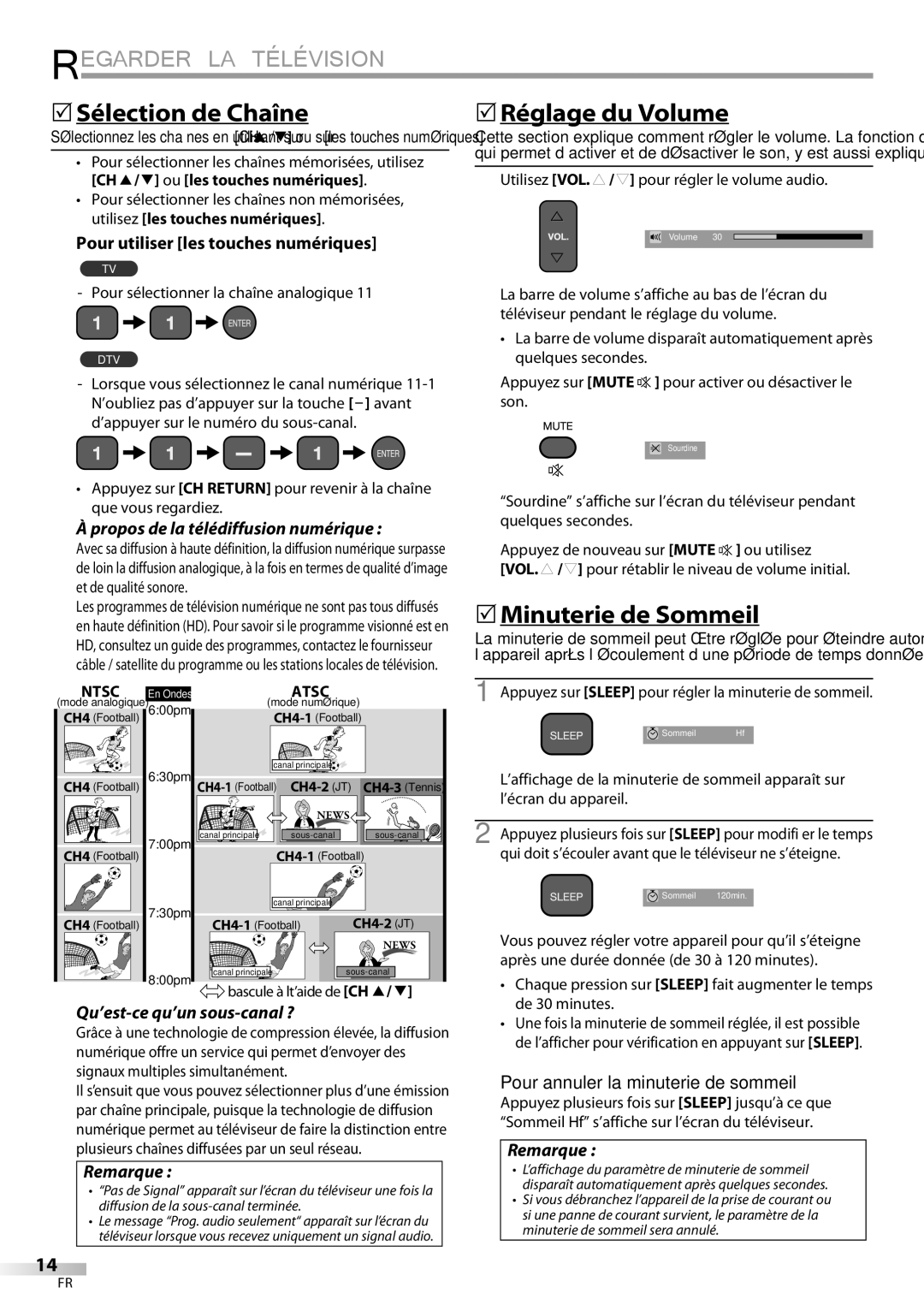 Emerson LC195EMX owner manual Regarder LA Télévision, 5Sélection de Chaîne, 5Réglage du Volume, 5Minuterie de Sommeil 