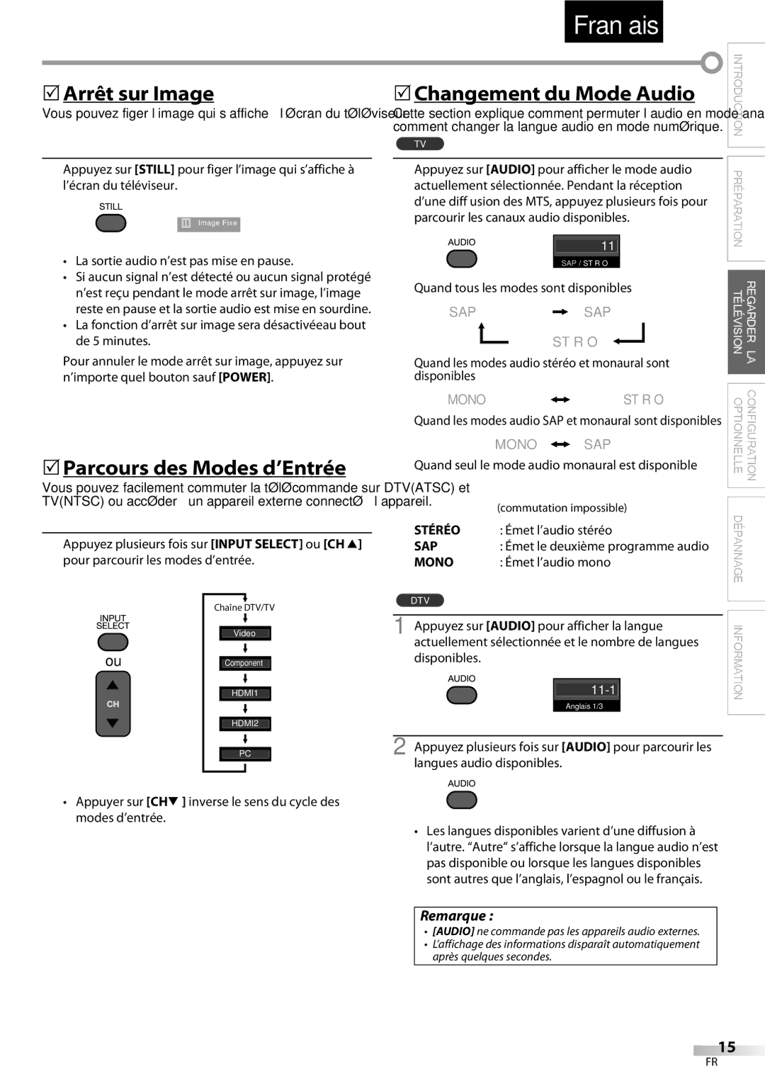 Emerson LC195EMX owner manual 5Arrêt sur Image, 5Parcours des Modes d’Entrée, 5Changement du Mode Audio, Stéréo 