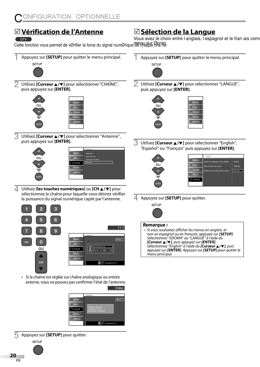 Emerson LC195EMX 5Vérification de l’Antenne, 5Sélection de la Langue, Appuyez sur Setup pour quitter le menu principal 