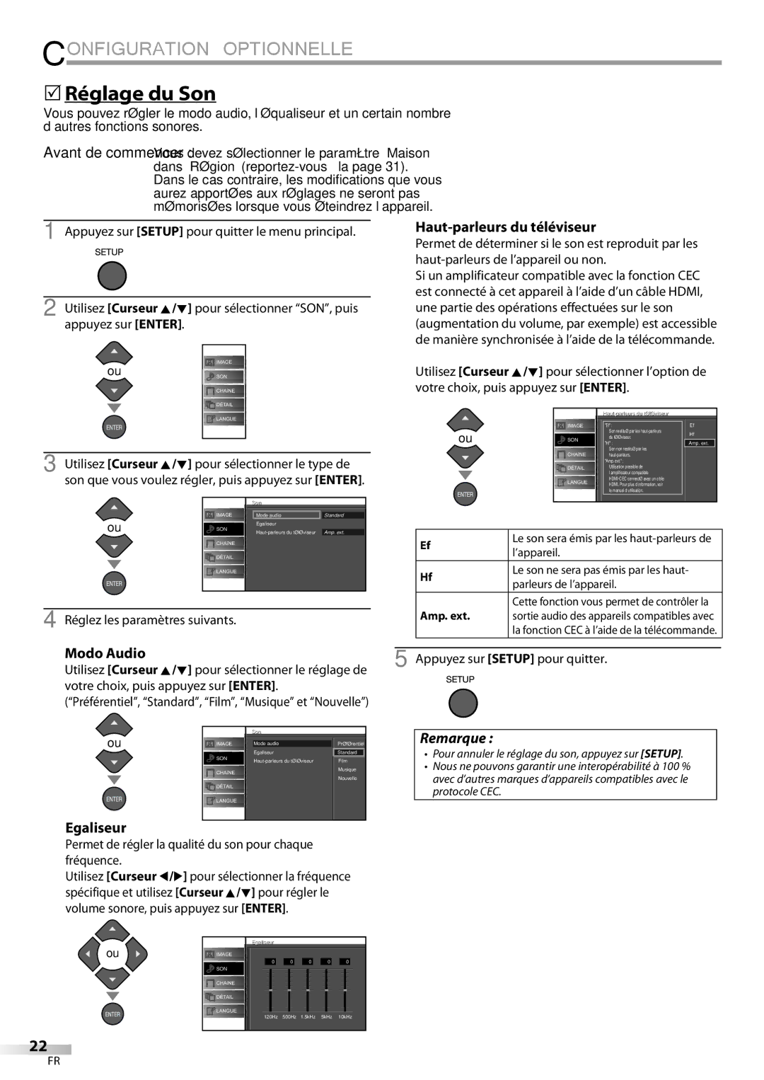 Emerson LC195EMX owner manual 5Réglage du Son, Haut-parleurs du téléviseur, Modo Audio, Egaliseur 