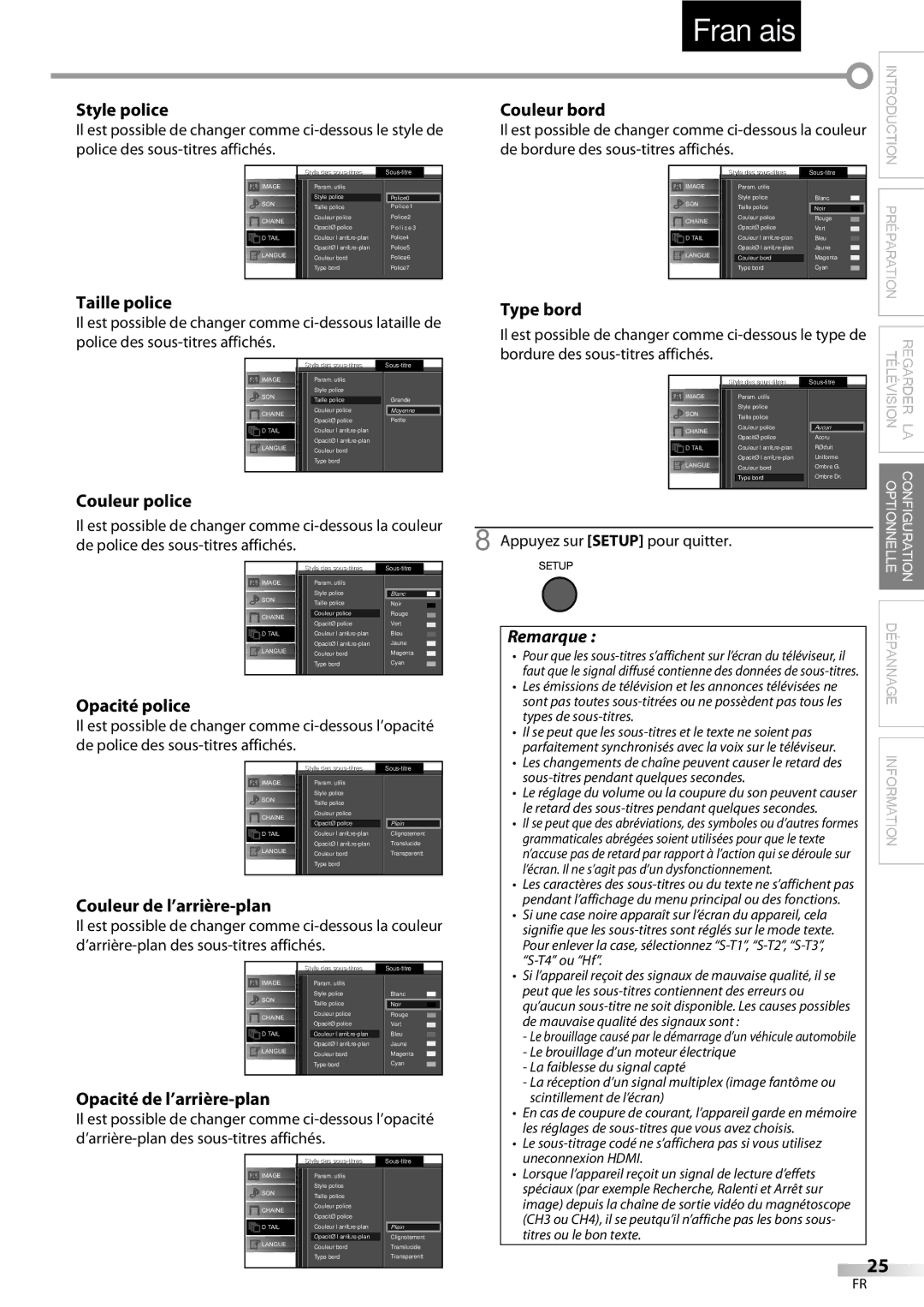 Emerson LC195EMX owner manual Style police, Taille police, Couleur police, Opacité police, Couleur de l’arrière-plan 