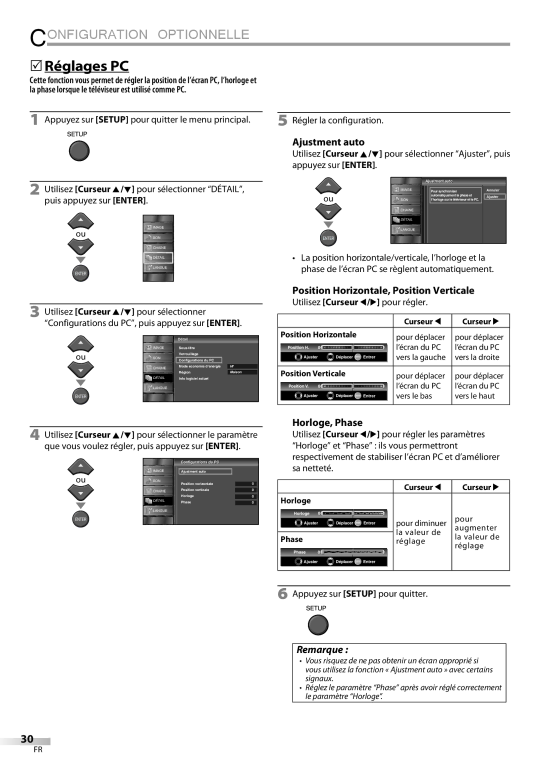 Emerson LC195EMX owner manual 5Réglages PC, Ajustment auto, Position Horizontale, Position Verticale, Horloge, Phase 