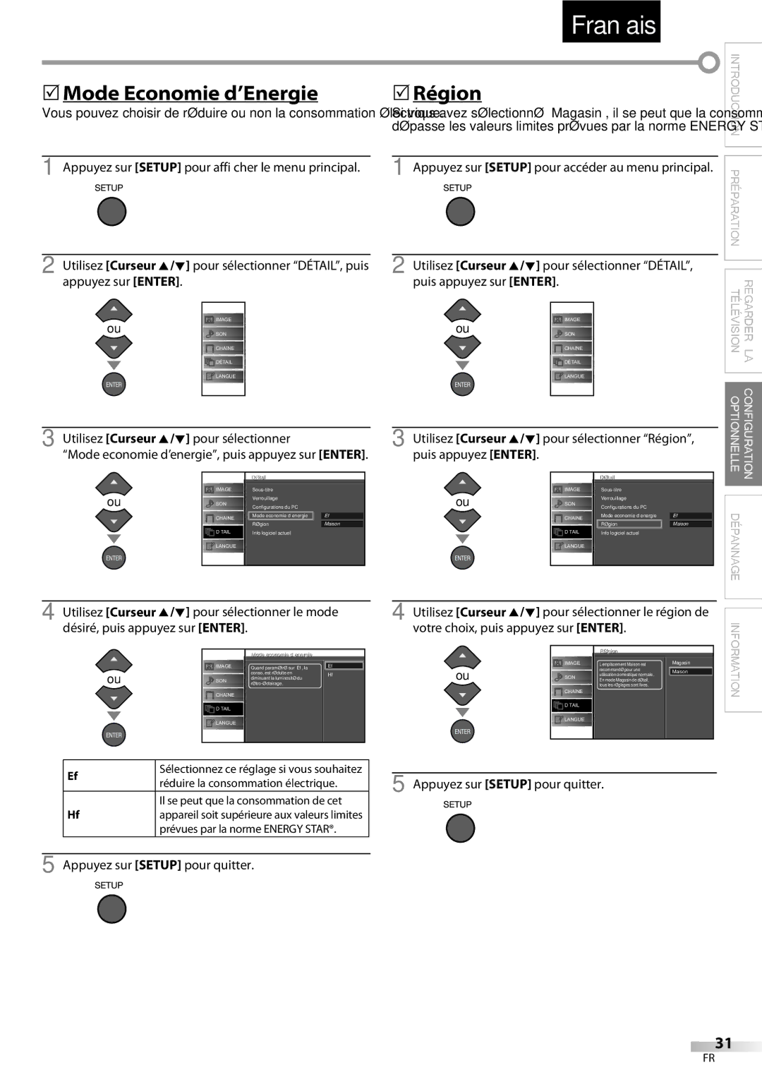 Emerson LC195EMX owner manual 5Mode Economie d’Energie, Région, Utilisez Curseur Pour sélectionner le région de 