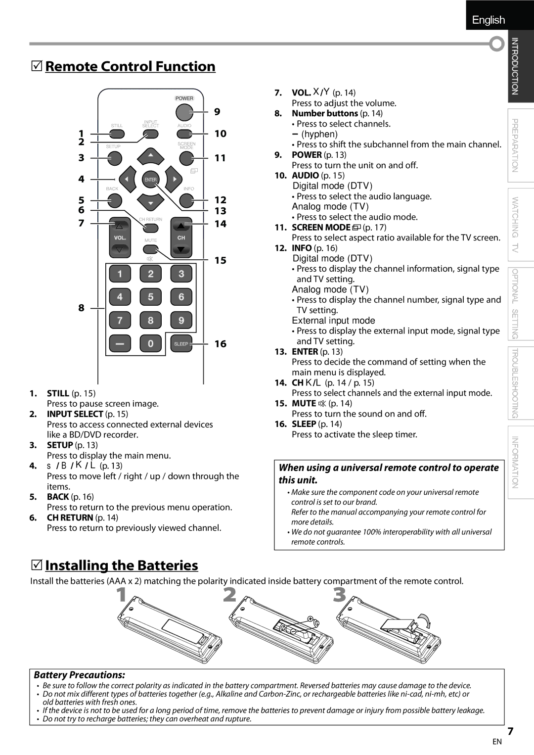 Emerson LC195EMX owner manual 5Remote Control Function, 5Installing the Batteries, This unit, Battery Precautions 