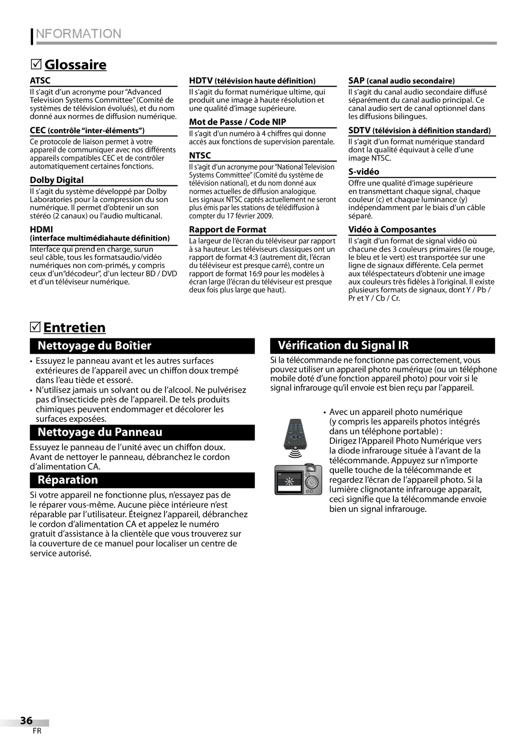 Emerson LC195EMX owner manual Glossaire, Entretien 