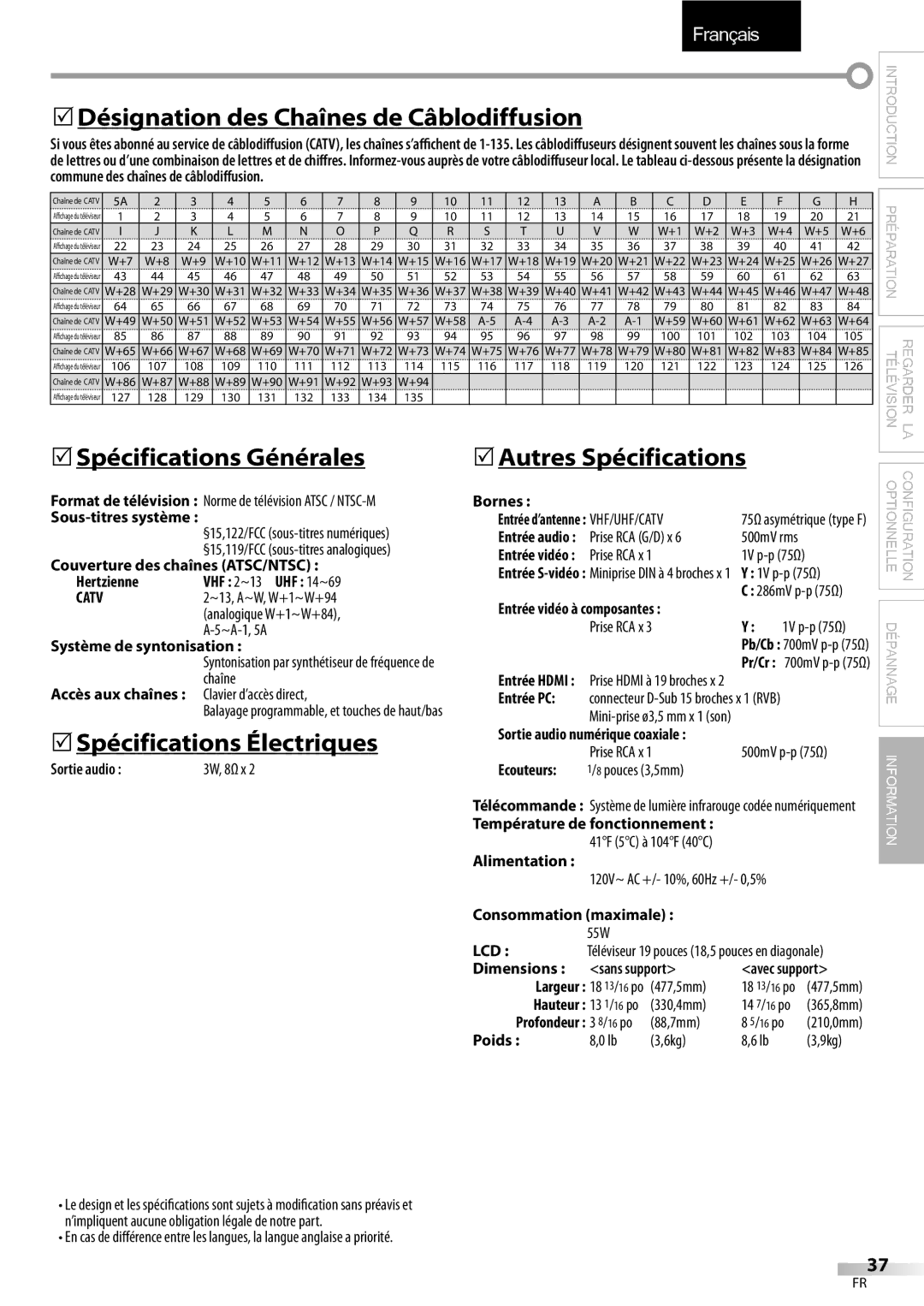 Emerson LC195EMX 5Désignation des Chaînes de Câblodiffusion, 5Spécifications Générales, 5Spécifications Électriques 