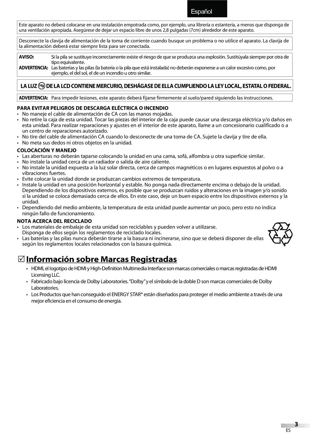 Emerson LC195EMX owner manual 5Información sobre Marcas Registradas, Para Evitar Peligros DE Descarga Eléctrica O Incendio 