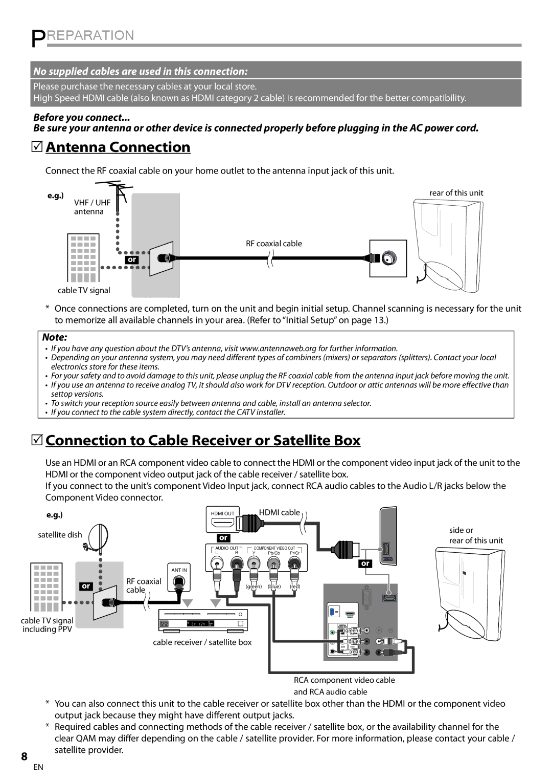 Emerson LC195EMX Preparation, 5Antenna Connection, 5Connection to Cable Receiver or Satellite Box, Satellite provider 