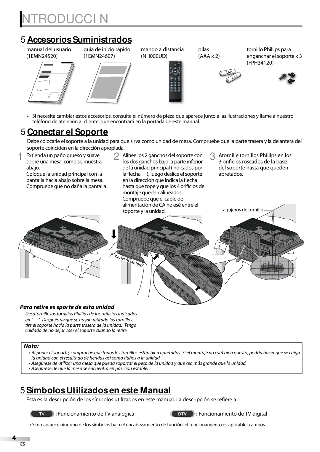 Emerson LC195EMX Introducción, 5Accesorios Suministrados, 5Conectar el Soporte, 5Símbolos Utilizados en este Manual 