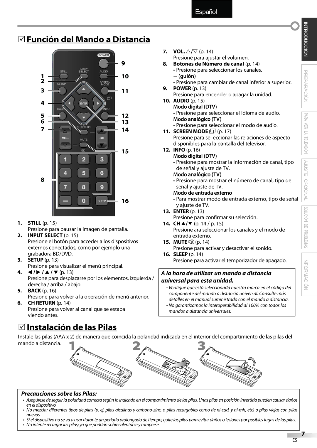 Emerson LC195EMX owner manual 5Función del Mando a Distancia, 5Instalación de las Pilas, Precauciones sobre las Pilas 