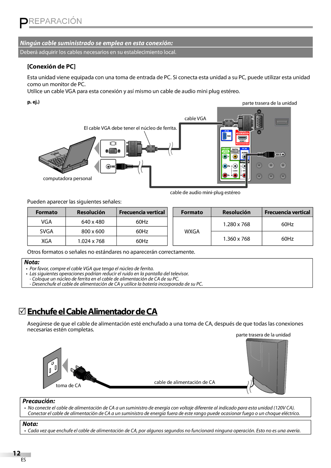 Emerson LC195EMX 5EnchufeelCableAlimentadordeCA, Conexión de PC, Precaución, Pueden aparecer las siguientes señales 