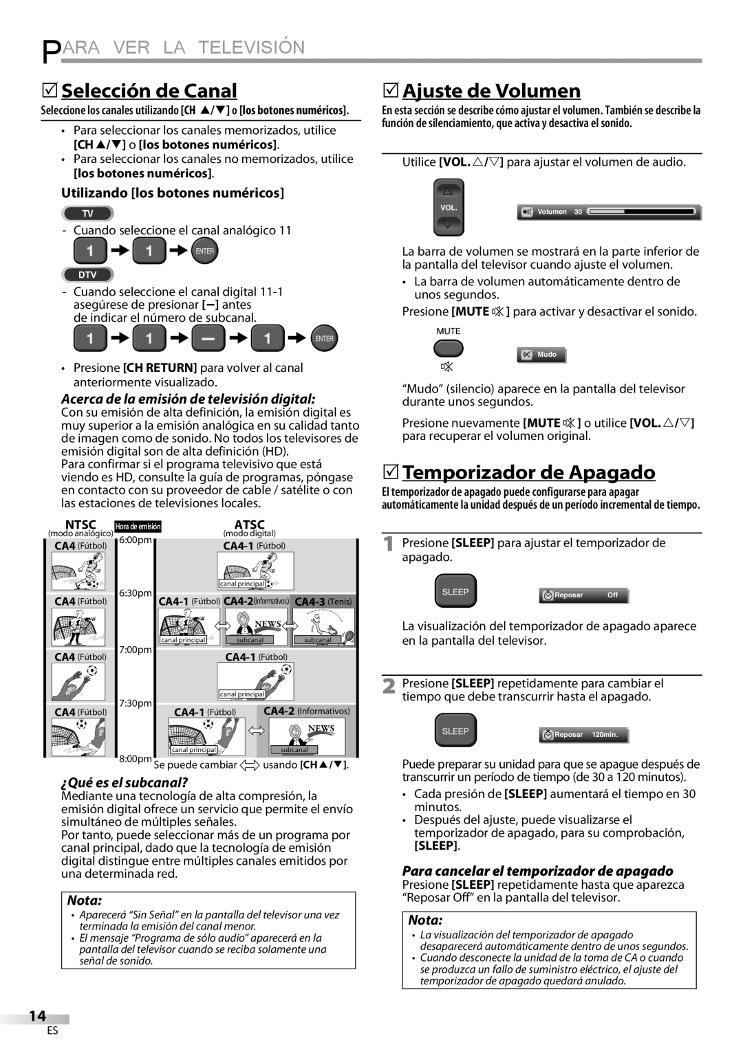 Emerson LC195EMX owner manual Para VER LA Televisión, 5Selección de Canal, 5Ajuste de Volumen, 5Temporizador de Apagado 