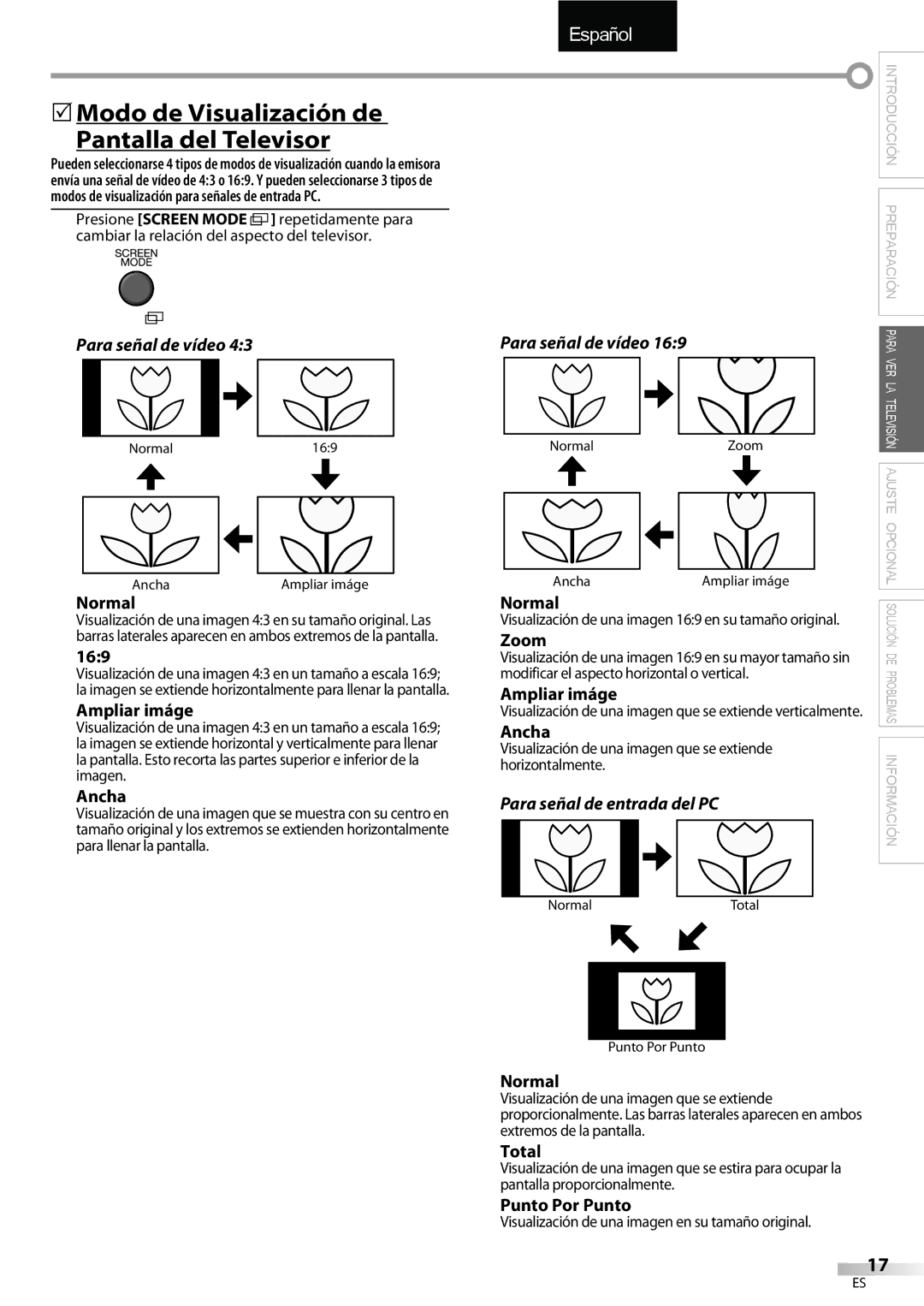 Emerson LC195EMX owner manual 5Modo de Visualización de Pantalla del Televisor, Para señal de vídeo, Normal, Ampliar imáge 