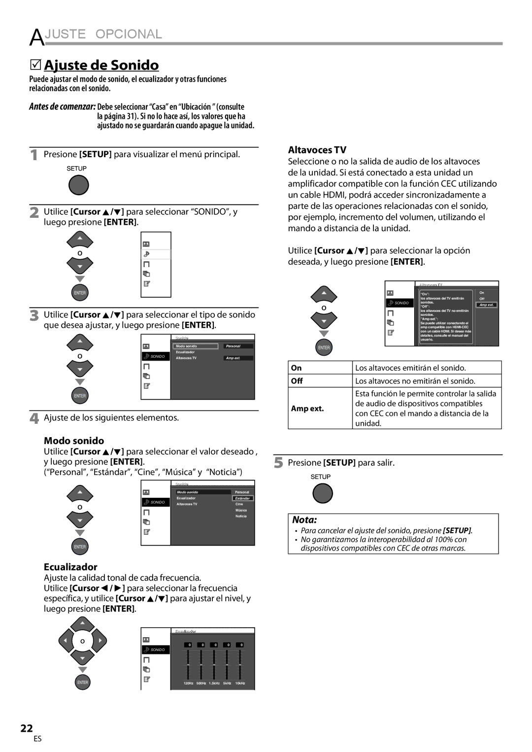 Emerson LC195EMX owner manual 5Ajuste de Sonido, Altavoces TV, Modo sonido, Ajuste de los siguientes elementos, Amp ext 
