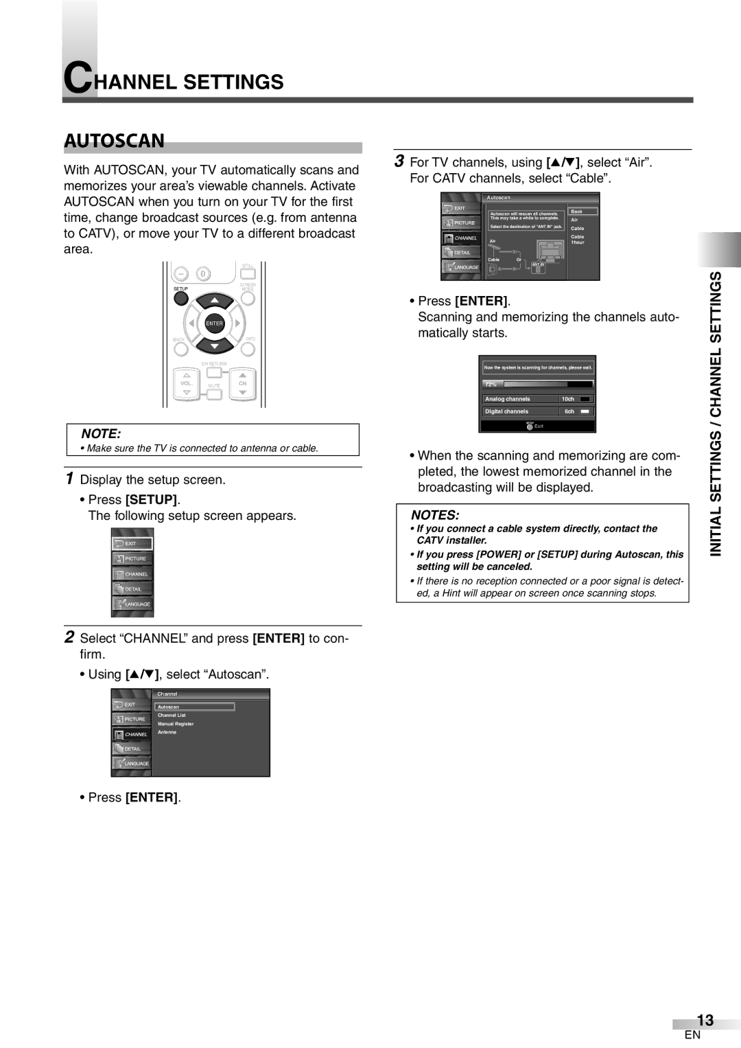 Emerson LC320EM8 owner manual Channel Settings Autoscan, Initial Settings / Channel Settings, Press Enter 