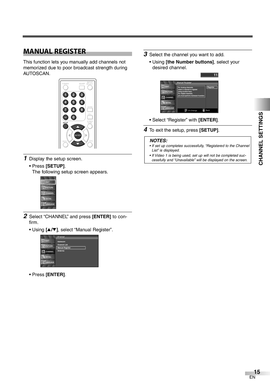 Emerson LC320EM8 owner manual Manual Register, Channel Settings, Select Register with Enter To exit the setup, press Setup 