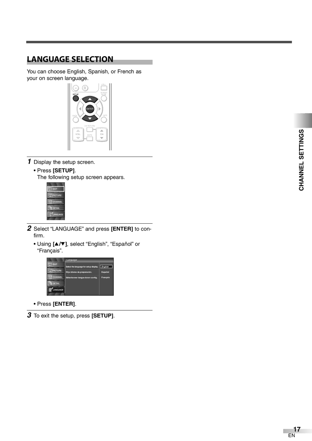 Emerson LC320EM8 owner manual Language Selection, Press Enter To exit the setup, press Setup 